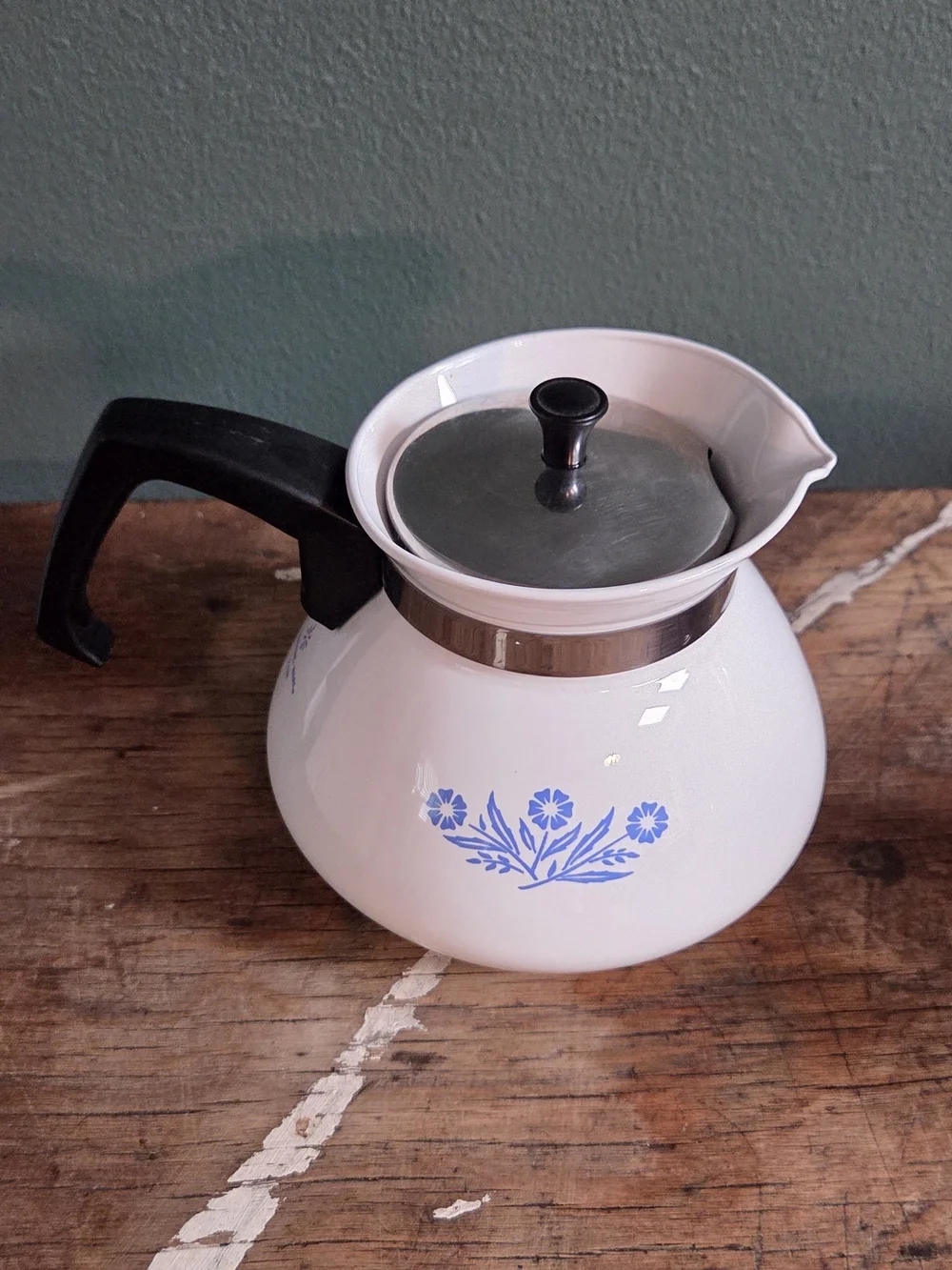 Corningware White Coffee Percolator with Black Handle and Blue Logo